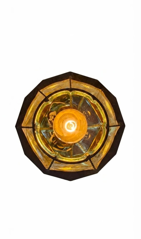 Brutalist Hexagonal Hanging Lantern of Forged Iron and Mouth-Blown Cage Glass – 60s/70s – Pendant lamps (photo 7 of 9)