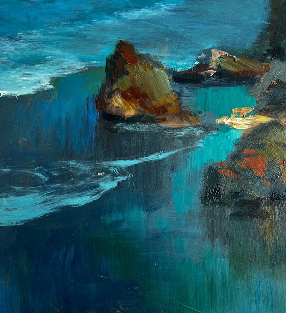 Image 1 of Original Oil Painting Coastal Mountain Landscape Sunlight through the clouds