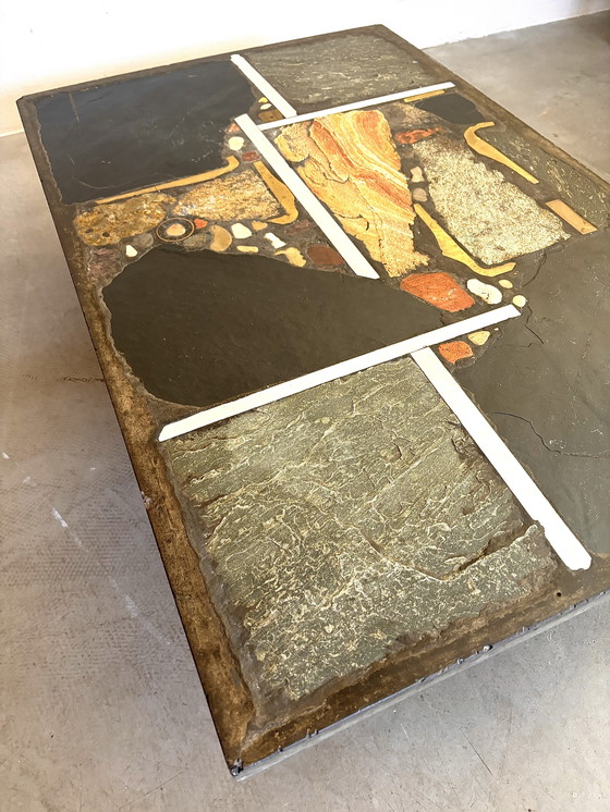 Image 1 of Paul Kingma Brutalist Slate Stone Coffee Table Autumn Colors 1973