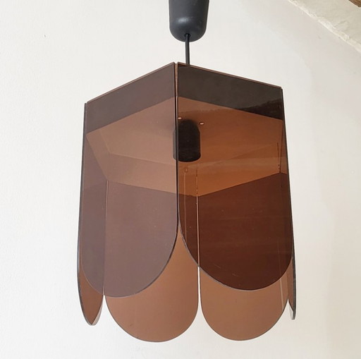 Vintage 1960s Pendant Light, Smoked Plexiglas & Chrome Steel, 60s Space Age