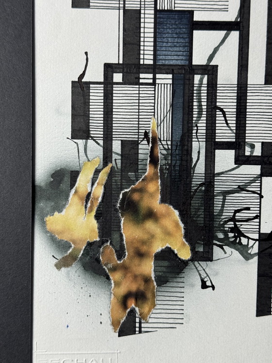 Image 1 of Eugène Eechaut (1928-2019) - ingelijste inktcompositie met collage, 1987