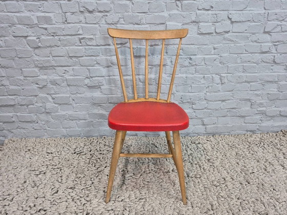 Image 1 of Vintage Design Set of Four Spindle-Back Kitchen Chairs – Beech Wood with Red Leatherette Upholstery, Northern Europe, 1960s