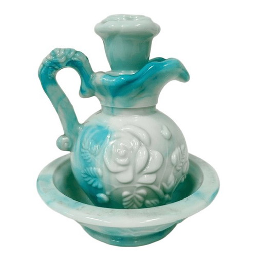 Vintage Avon dressing table set blue-green opal glass jug and bowl 1970s