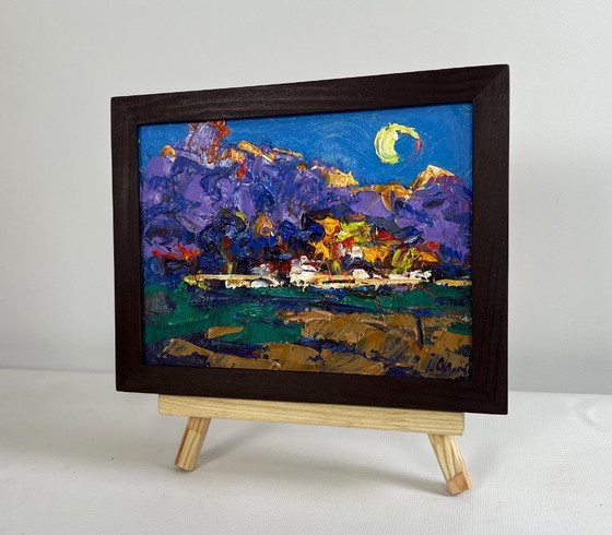 Image 1 of Original Oil Painting Summer Village Landscape Morning summer moon