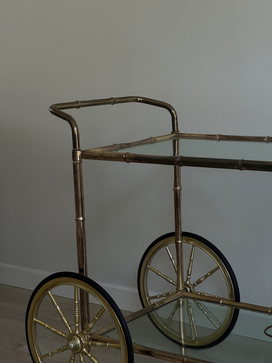 Vintage Faux Bamboo Brass Bar Cart / Drinks Trolley, 1970s – Serveerwagens, Glass, Rubber (photo 3 of 6)