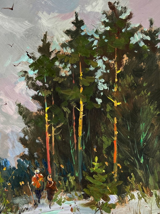 Image 1 of Peinture à l'huile originale, paysage naturel, pins enneigés, promenade dans la forêt hivernale