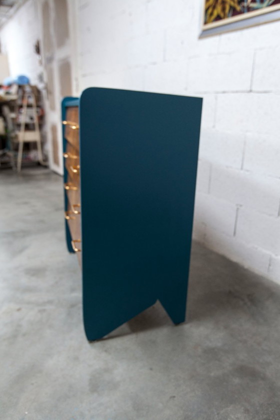 Image 1 of Commode scandinave 1960 atypique bleu Ainhoa Satiné 4 tiroirs