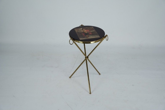 Image 1 of Small Italian brass and wood tripod coffee table from 50s