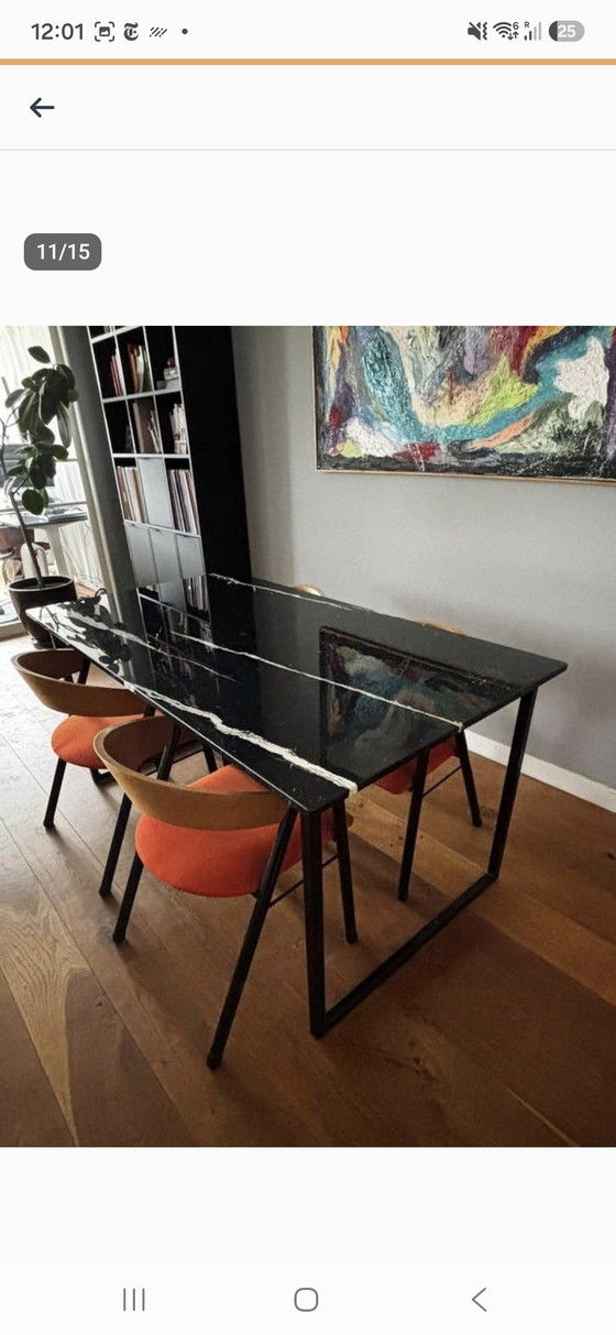 Image 1 of Table de salle à manger en marbre Nero Marquina, 160 x 90 cm, piètement en acier

