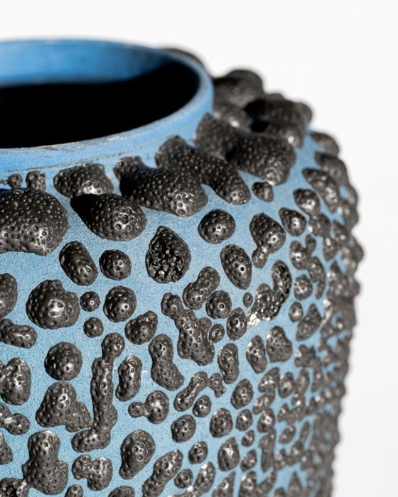 Image 1 of Large Albert Kiessling Textural Lava Relief Studio Ceramic Vase Blue and Black