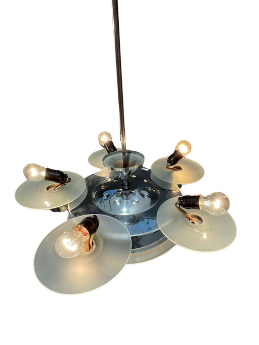 1930s Art Deco Chrome Chandelier with Frosted Glass Disc Shades – Czech Vintage Lighting