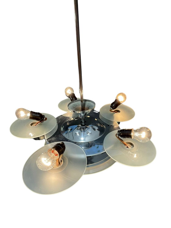 Image 1 of 1930s Art Deco Chrome Chandelier with Frosted Glass Disc Shades – Czech Vintage Lighting