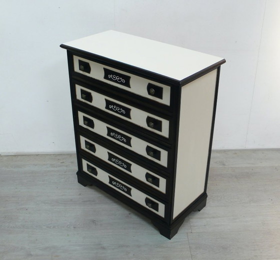 Cassettiera vintage a 5 cassetti in stile antico, bianco crema su noce scuro. – Cassettiere, Wood (photo 5 of 5)