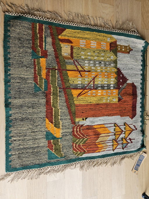 Kilim polonais vintage, « Żuraw gdański » (Grue de Gdańsk), Artes Gdańsk, Tapisserie moderne du milieu du siècle, PRL des