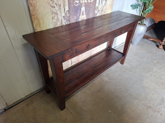 Image 1 of Colonial teak side table, hall table, wall console, minor damage to top, dimensions 140x40cm and 78 cm high