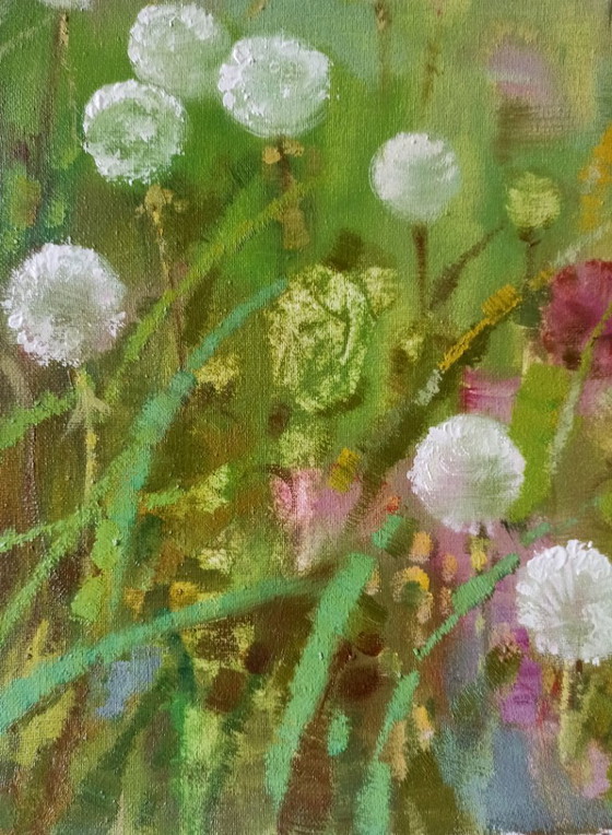 Original Oil Painting Abstract Figurative Girl Meadow Dandelions – Paintings & Drawings, Canvas (photo 9 of 12)