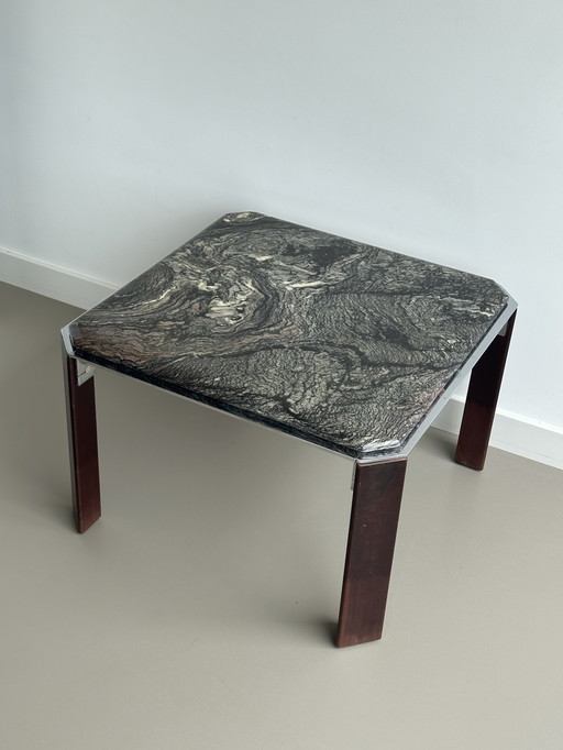 Table basse vintage en marbre métal chrome bois carré 70's