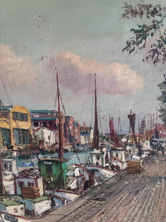 Image 1 of Pintura al óleo original de época que representa un puerto escandinavo.