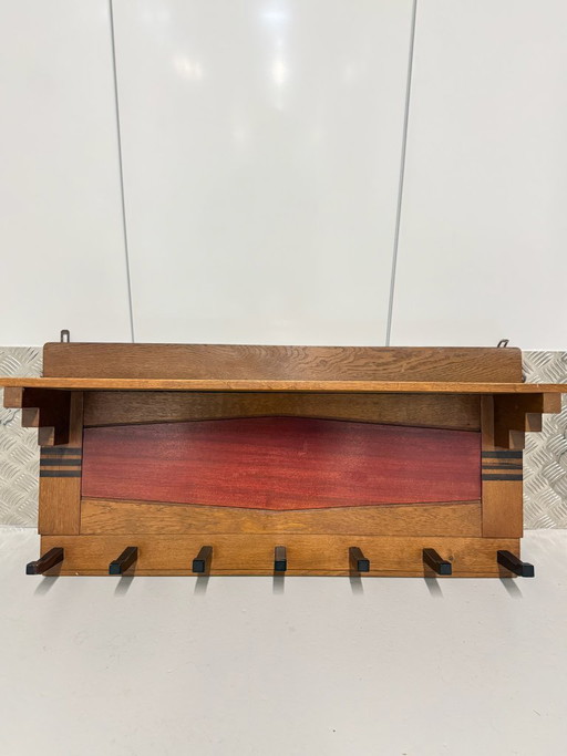 Appendiabiti da parete vintage in legno – Stile Art Déco / Scuola di Amsterdam – 7 ganci – kapstokken, Wood
