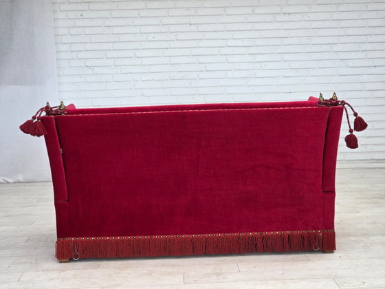 1970s, Danish 2-seater "Spanish" drop arm sofa, furniture velour., 2 seaters, Velvet, Wood, Red (photo 12 of 23)