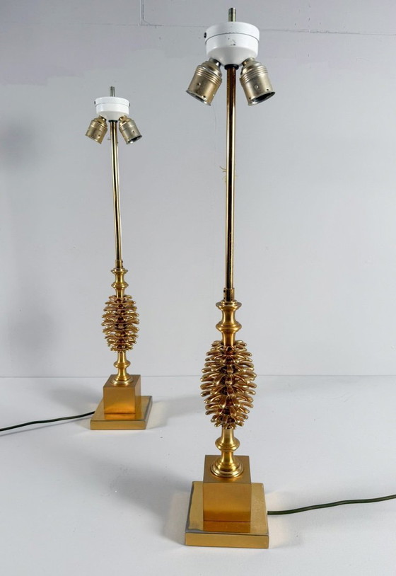 Image 1 of Set of 2 table lamps by Maison Charles, Hollywood Regency, pine cone/pine, France, 1970s