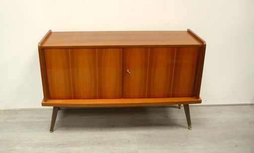 60s sideboard 2 doors, slanted legs, walnut + decor, solid wood, Mid - Century Modern