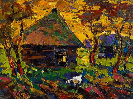 Image 1 of Original Oil Painting Summer House Landscape Warm evening in the village