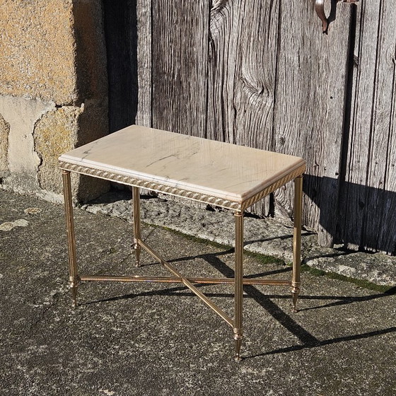 Image 1 of French Vintage Marble and Brass Coffee Table-Cocktail Table-Side Table - Hollywood Regency Style-70s