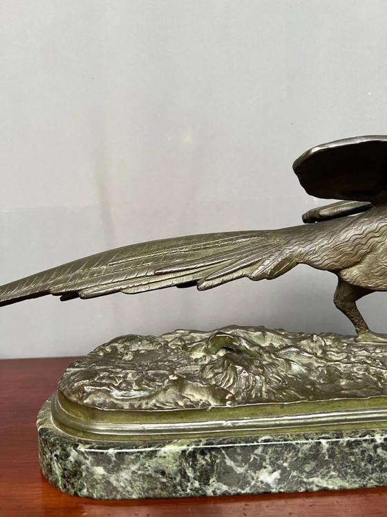 René André Varnier. Figura de bronce de un faisán sobre una base de mármol verde. – Esculturas, Bronze, Marble (photo 4 of 7)