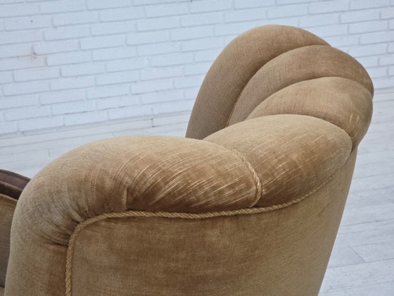 Image 1 of 1960s, Danish relax chair, original green furniture velour, carved oak wood.