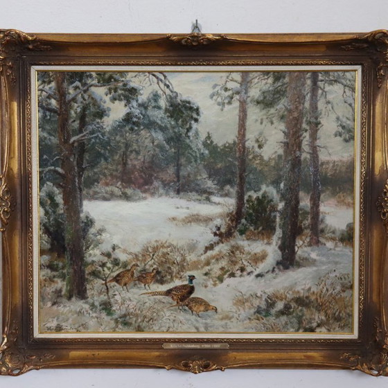 Image 1 of Pheasants in the Snow, Oil Painting on Board, Signed Wilhelm Buddenberg