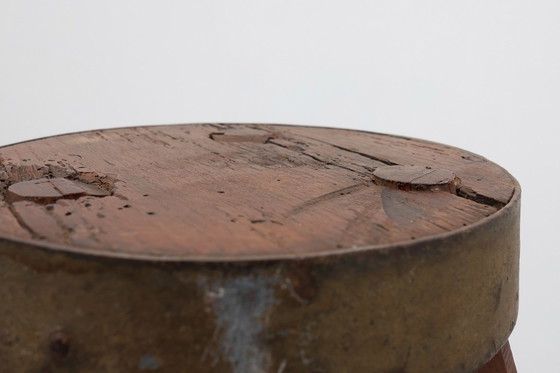 Image 1 of Brutalist French solid oak tripod stool with metal rim, 1850s