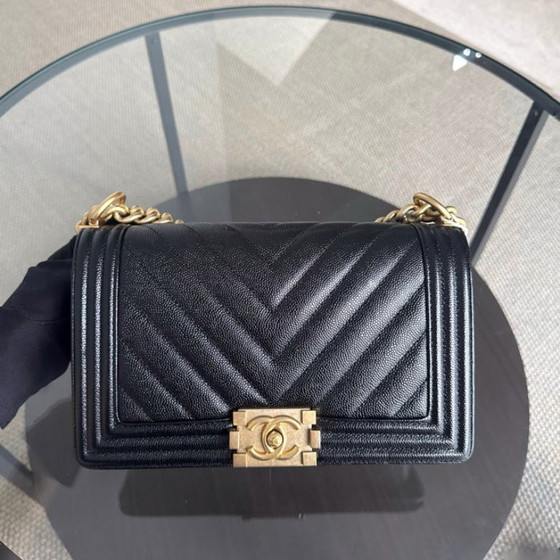 Image 1 of Chanel Boy Medium - Caviar 25CM Chevron Black Gold Hardware Series 24