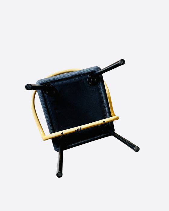Image 1 of 4x Mandarin stoel van Ettore Sottsass voor Knoll, 1986 - Blauwe stof, armleuningen in bamboelook