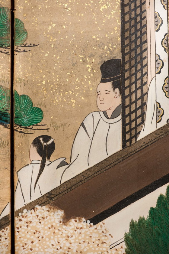 Image 1 of Antico paravento giapponese a sei pannelli con raffigurazione della storia di Genji.