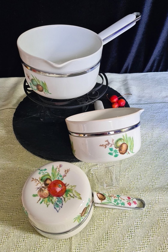 Image 1 of 3x Kochtöpfe aus Aluminit von Limoges, Frankreich, Marke Frugier, hochglanzpoliertes Haviland-Porzellan.