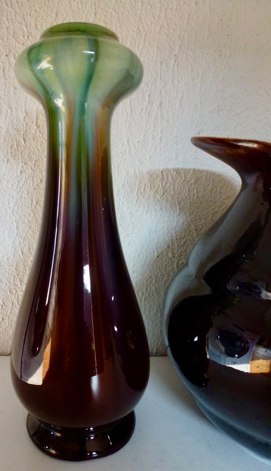 Image 1 of Faience de Thulin - Art Deco earthenware Beak jug + 2 vases.