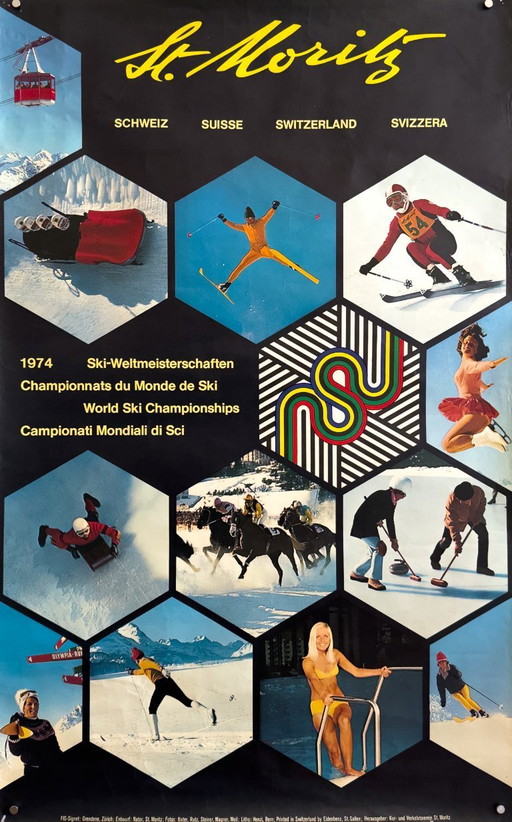 ❄️ St. Moritz World Ski Championships – 1974 – Original Vintage Poster | Plakat | 102 × 64 cm | Switzerland