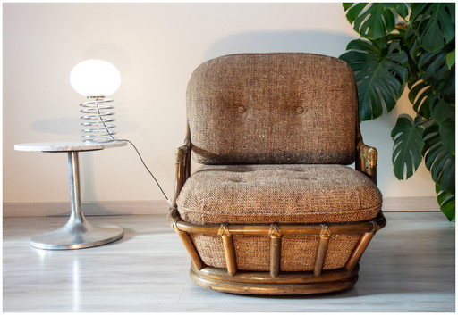 Poltrona bassa anni '80, lana e rattan, girevole