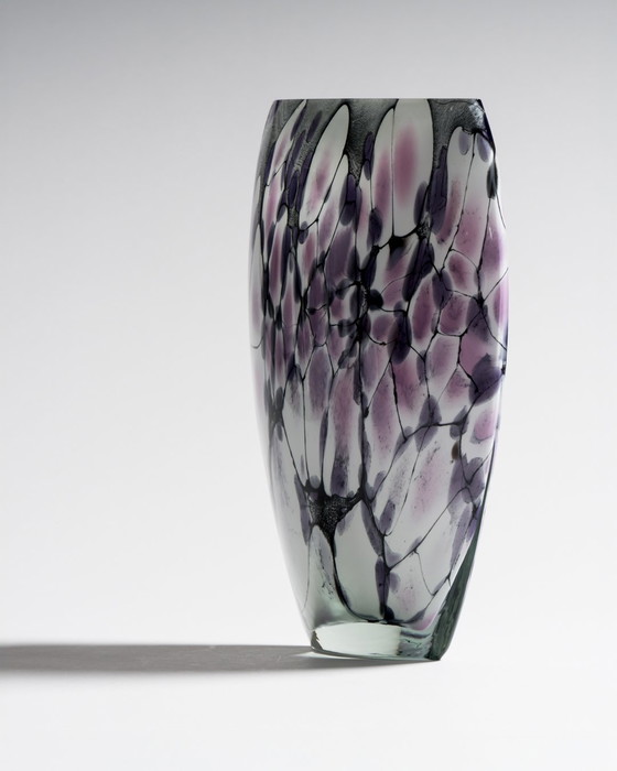 Image 1 of Large Murano Art Glass Vase 1980s • Hand Blown • Violet Black White Postmodern Italian