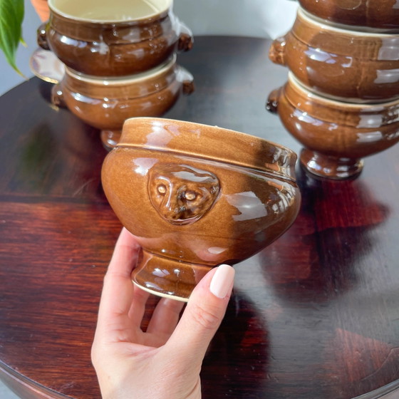 6 Vintage Ceramic Emile Henry Lion Head Onion Soup Bowls - Brown, Made in France (photo 6 of 10)