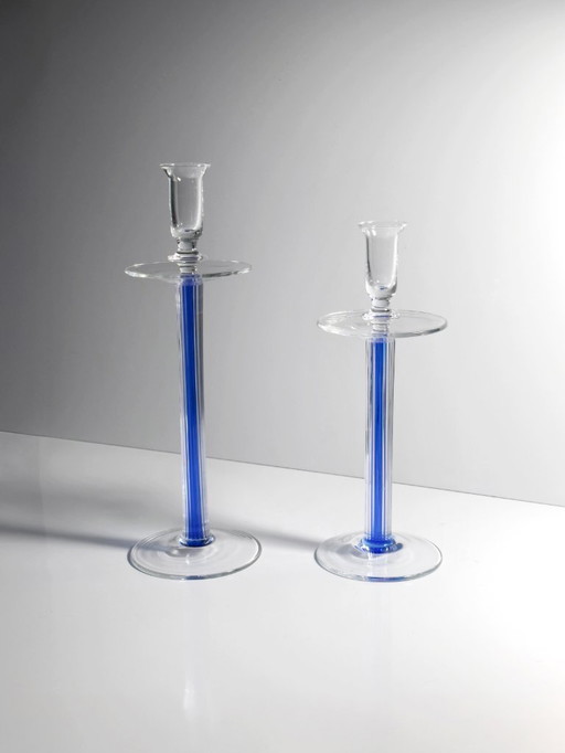 Glas Kerzenständer Set IVV Italien Postmodern Industria Vetraria Valdarnese Ultramarin Blau 80er 90er Memphis Milano