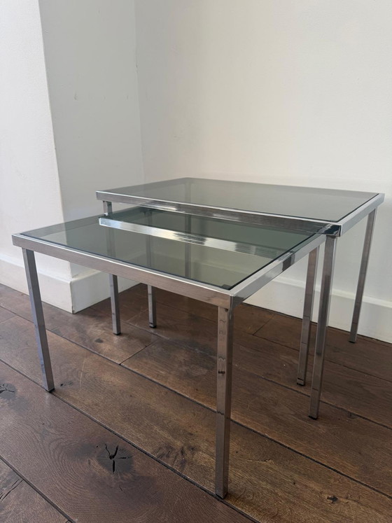 Image 1 of Vintage design bijzettafels / miniset chroom blad van (rook) glas 