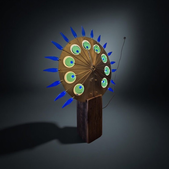 Image 1 of Artful light object brass and oak, Netherlands 1970s