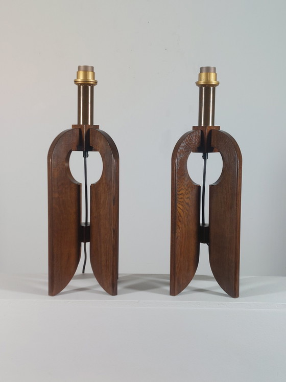 Image 1 of Rare vintage pair of wooden Temde table lamps