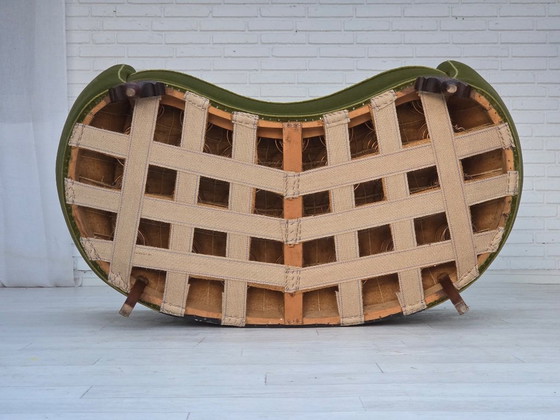 Image 1 of 1960s, Danish Curved 2-Seater Sofa, Green Furniture Velour, Oak Wood Legs