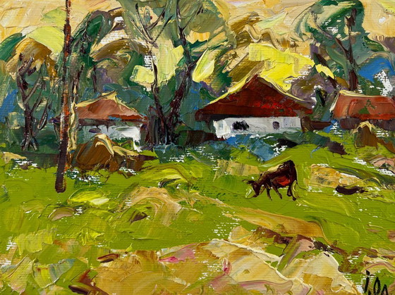 Image 1 of Peinture à l'huile originale, paysage de village d'été, murmures du matin