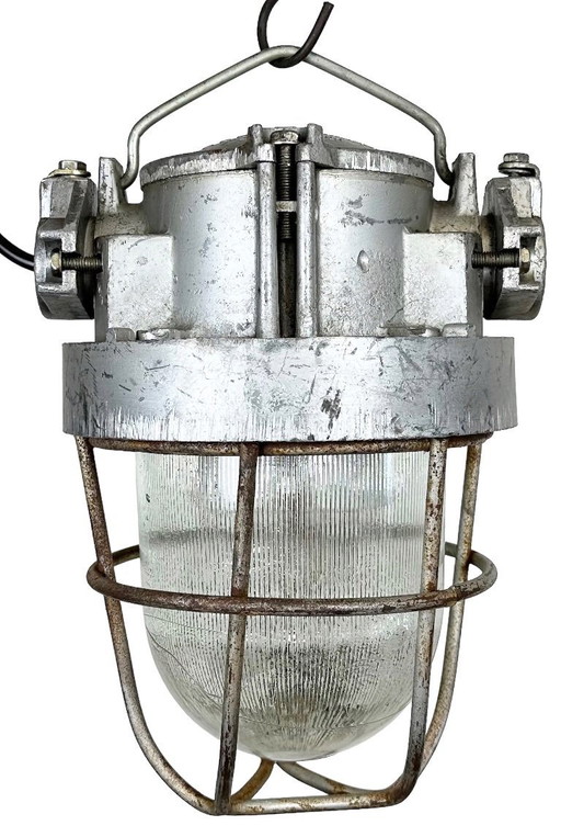Industrial Soviet Cast Aluminium Bunker Pendant Light with Iron Grid, 1960s