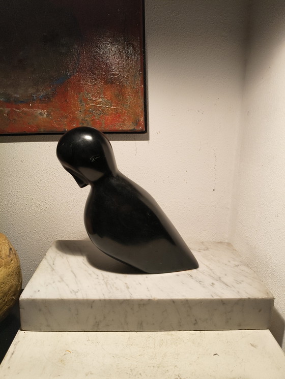 Image 1 of Vintage design modernist black marble sculpture of a stylized abstract bird on a white marble base