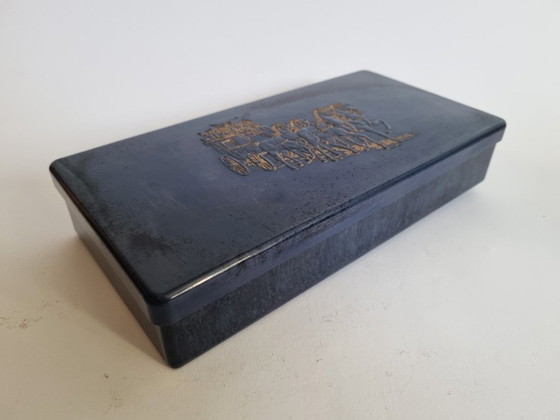 Image 1 of Raro vasetto da crema Mouson in bachelite – Effetto marmorizzato blu-nero effetto pelle di serpente